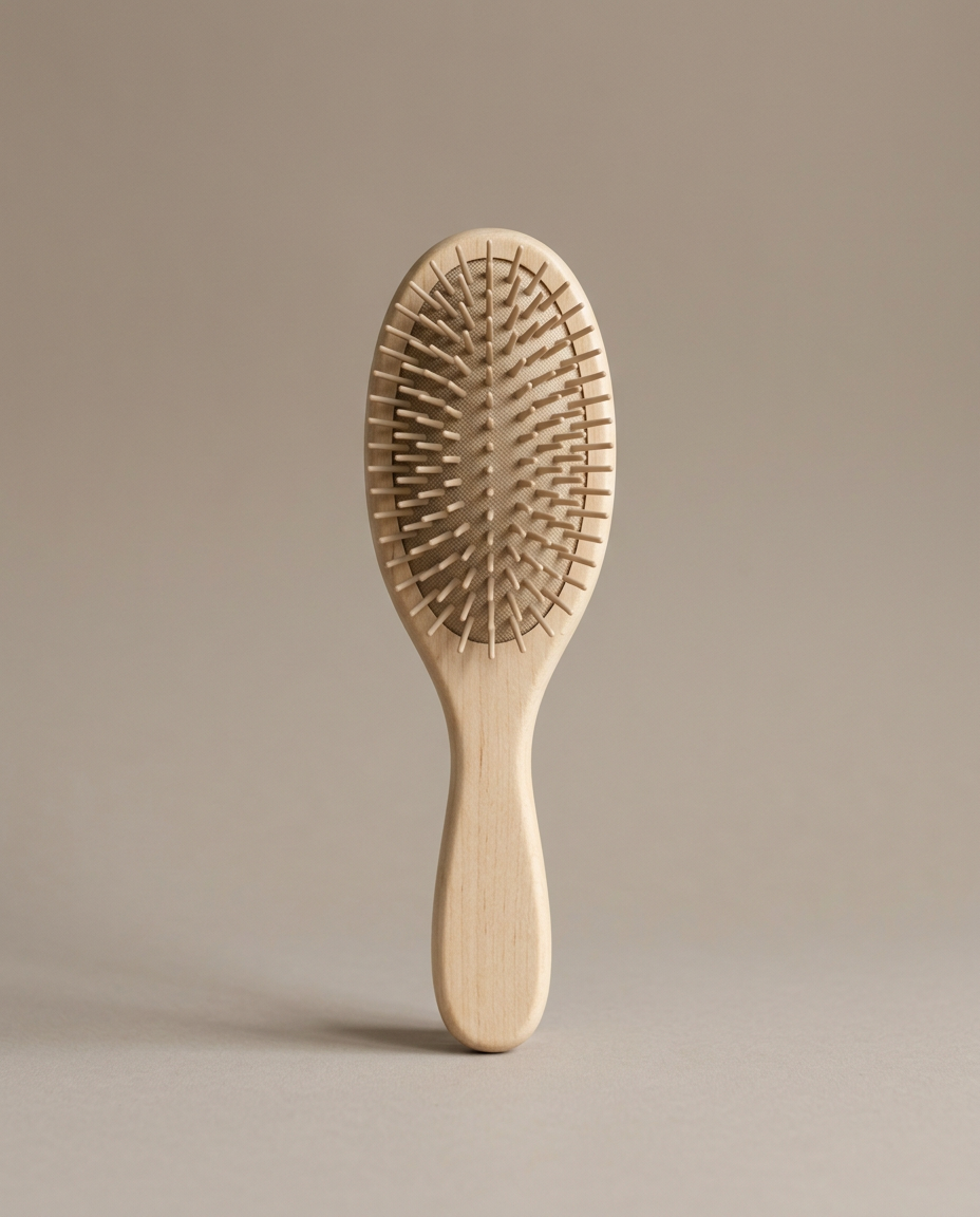A wooden detangling brush with flexible pins