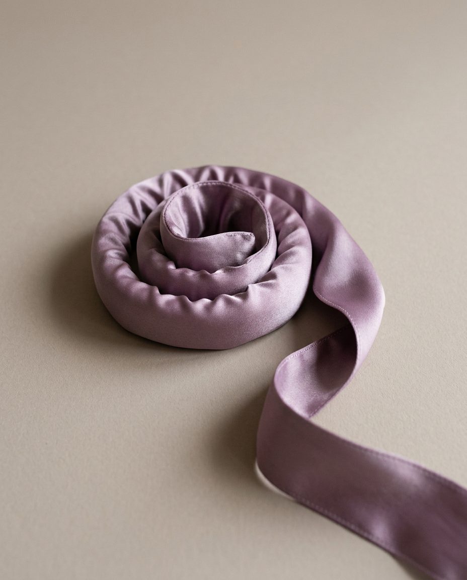 A dusty lilac satin curling ribbon coiled on a neutral surface