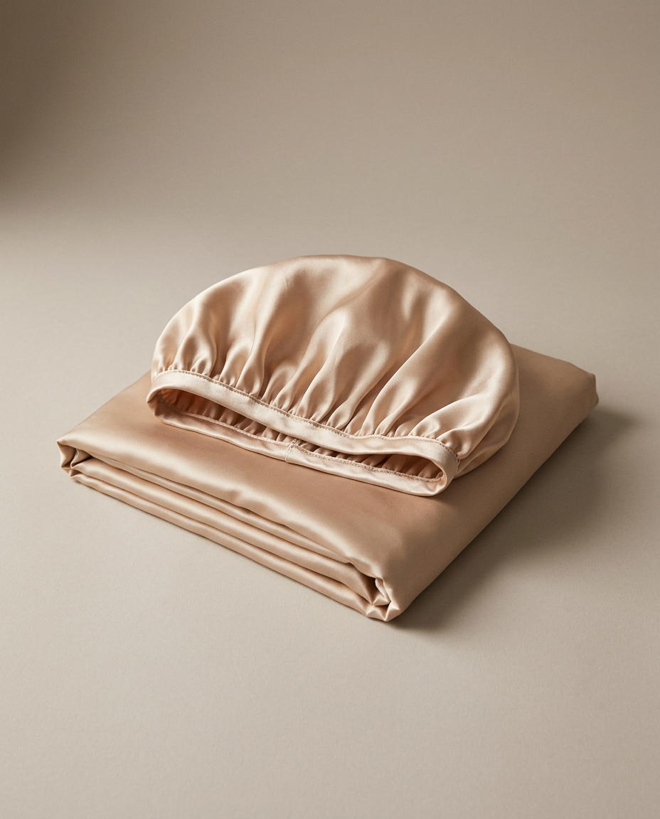 A champagne satin sleep cap resting on a folded pillowcase