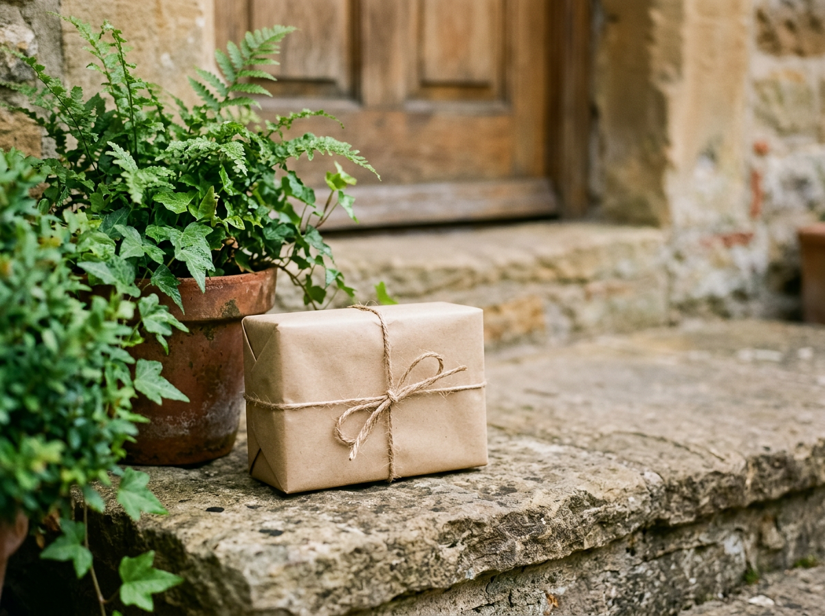 A small kraft parcel tied with twine on a stone doorstep beside a fern